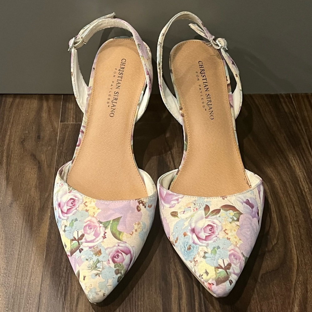 Christian Siriano for Payless, off-white floral sling back, 3” heel pointy shoe